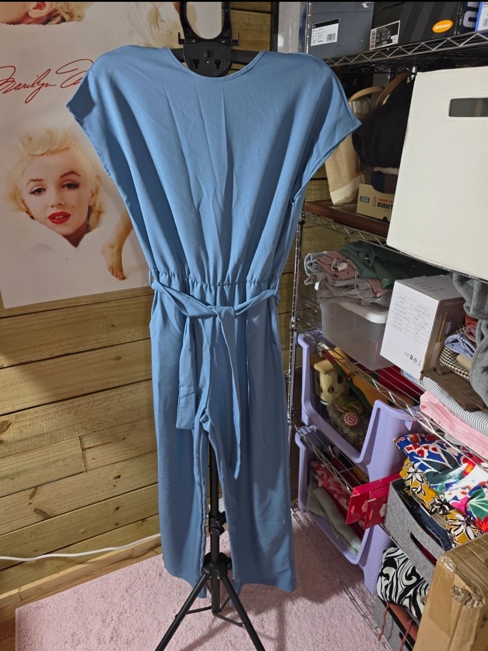 Relaxed Blue Tie-Waist Women's Jumpsuit